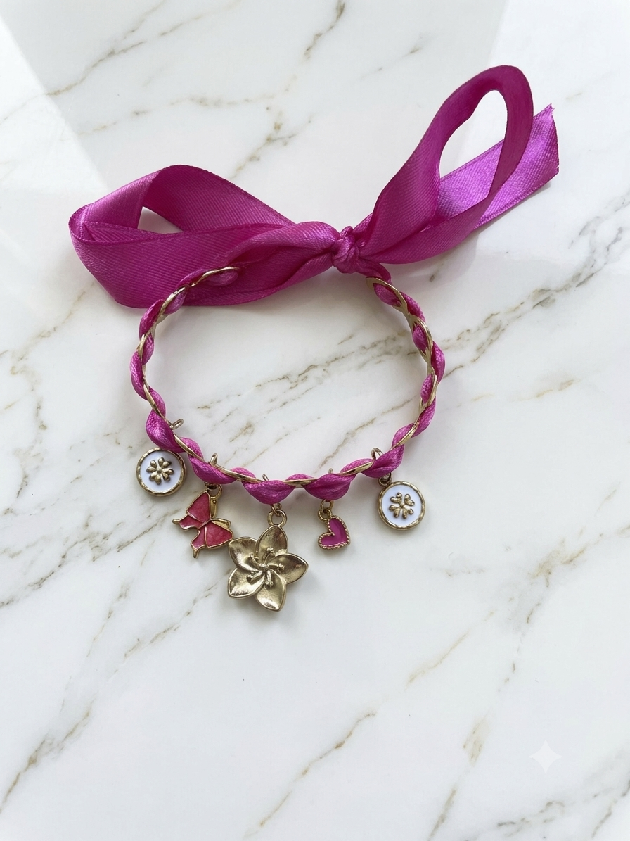 Bracelet fuchsia blanc en acier inoxydable avec ruban satin et breloques dorées fleurs et papillon