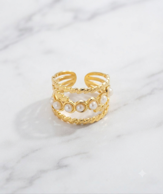 Bague Éléonore anneaux torsadés perles acier inoxydable Maëlyne Beauty